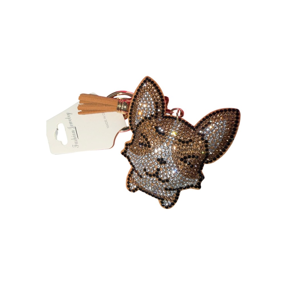 New Rhinestone Corgi Dog Keychain Bag Charm Tassel Purse Charm‎ Gold Tone
